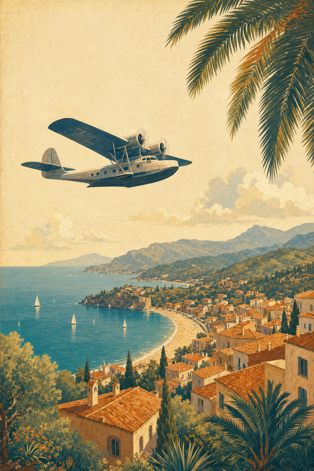 Vintage travel poster: a seaplane flying over a coastal Mediterranean town